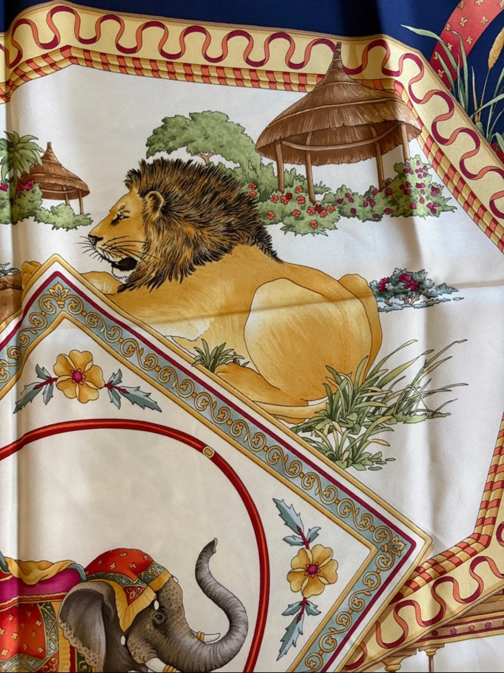 Vintage Salvatore Ferragamo Silk Elephant and Wild Cats Scarf, Navy Blue & Gold